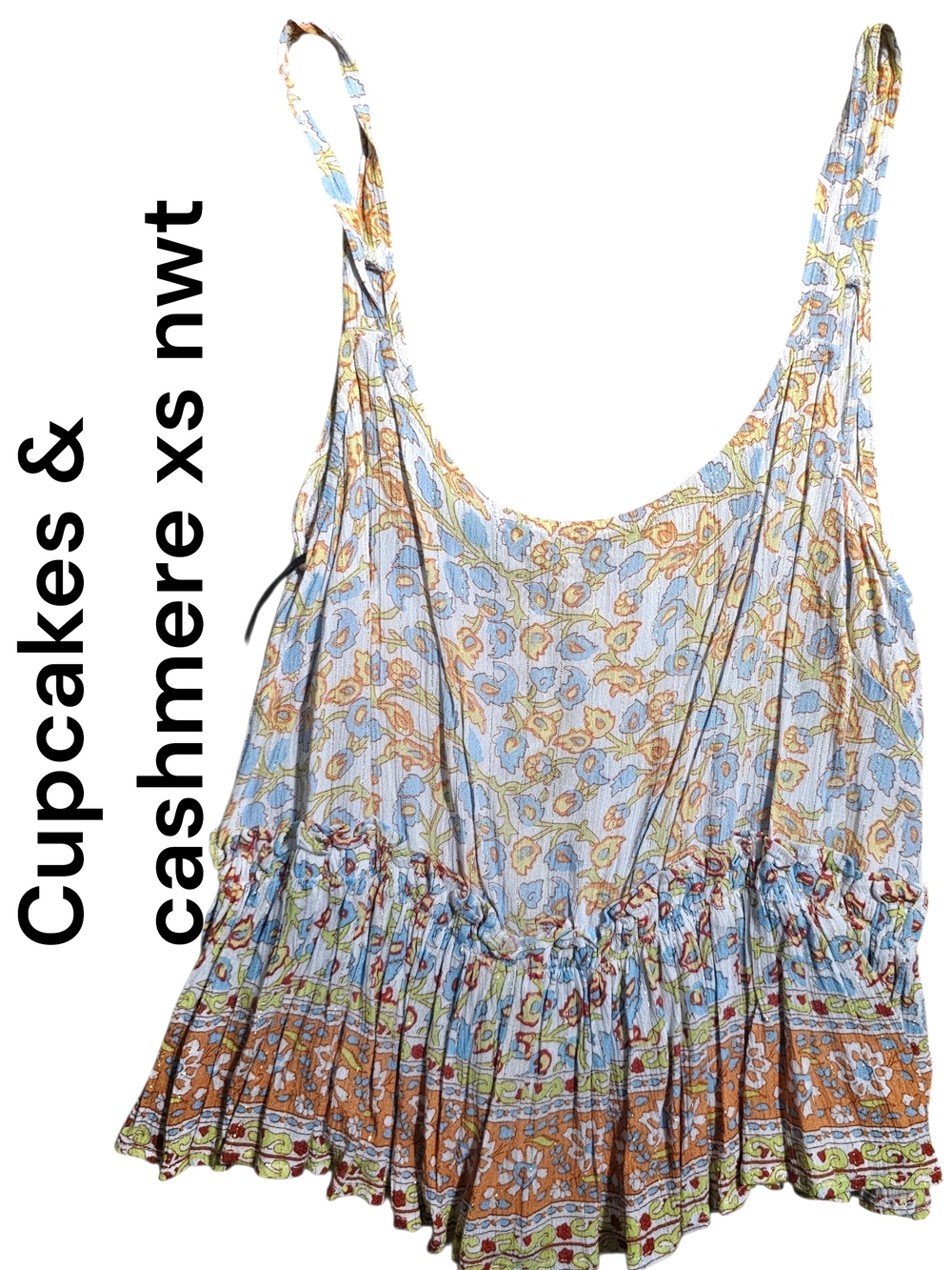 cupcakes & cashmere Floral Blue and Tan Print Tank Top